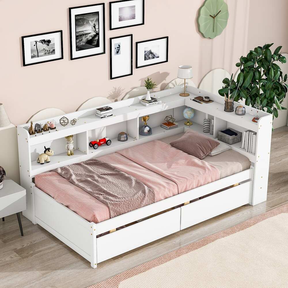 White Twin Bed with L-Shaped Bookcases