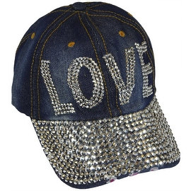 Love Sparkling Bedazzled Studded Baseball Cap Hat, Denim, Dark Blue