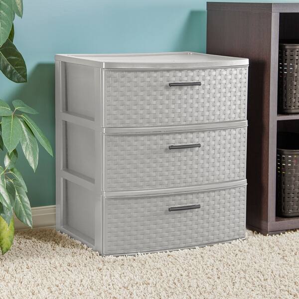 STERILITE 3 Drawer Wide Weave Tower, Cement frame w/ Flat Gray Handles