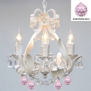 White Wrought Iron Flower Chandelier Lighting With Pink Crystal Balls