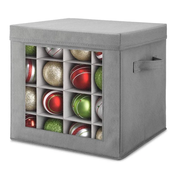 Whitmor Holiday Ornaments Storage Cube with 64 Individual Compartments - Transparent Cover for Easy Viewing (Grey)