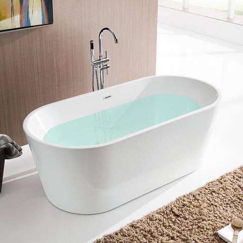 Vanity Art 59" Freestanding Acrylic Bathtub Modern Stand Alone Soaking Tub with Chrome Finish Slotted Overflow & Pop-up Drain