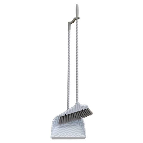 Chevron Upright Angled Broom and Plastic Dust Pan Set, Grey