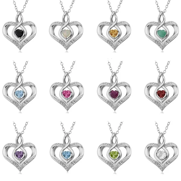 Sterling Silver Birthstone Heart Necklace with Diamond Accent