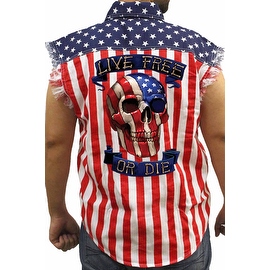 Men's Biker USA Flag Sleeveless Denim Shirt Live Free Or Die Skull Stars & Stripes