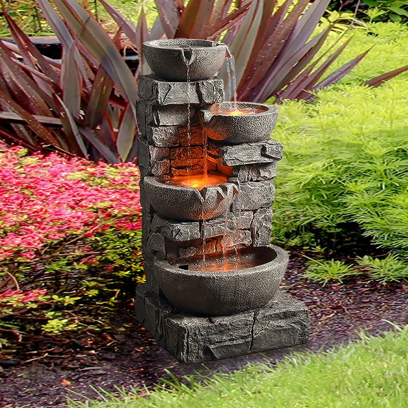 Peaktop Outdoor LED Stacked Stone Tiered Bowl Fountain - 16.3"L x 15.6"W x 33"H