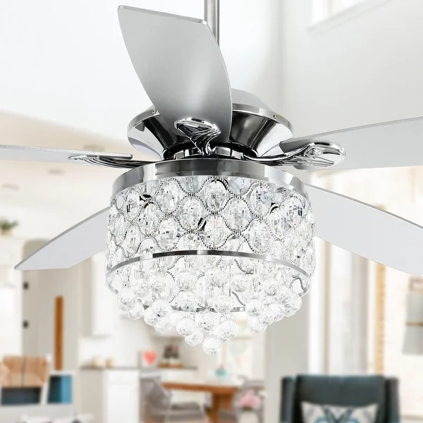 Chrome/ Crystal 4-light Chandelier/ Ceiling Fan with Remote - 52-in D x 28.3-in H