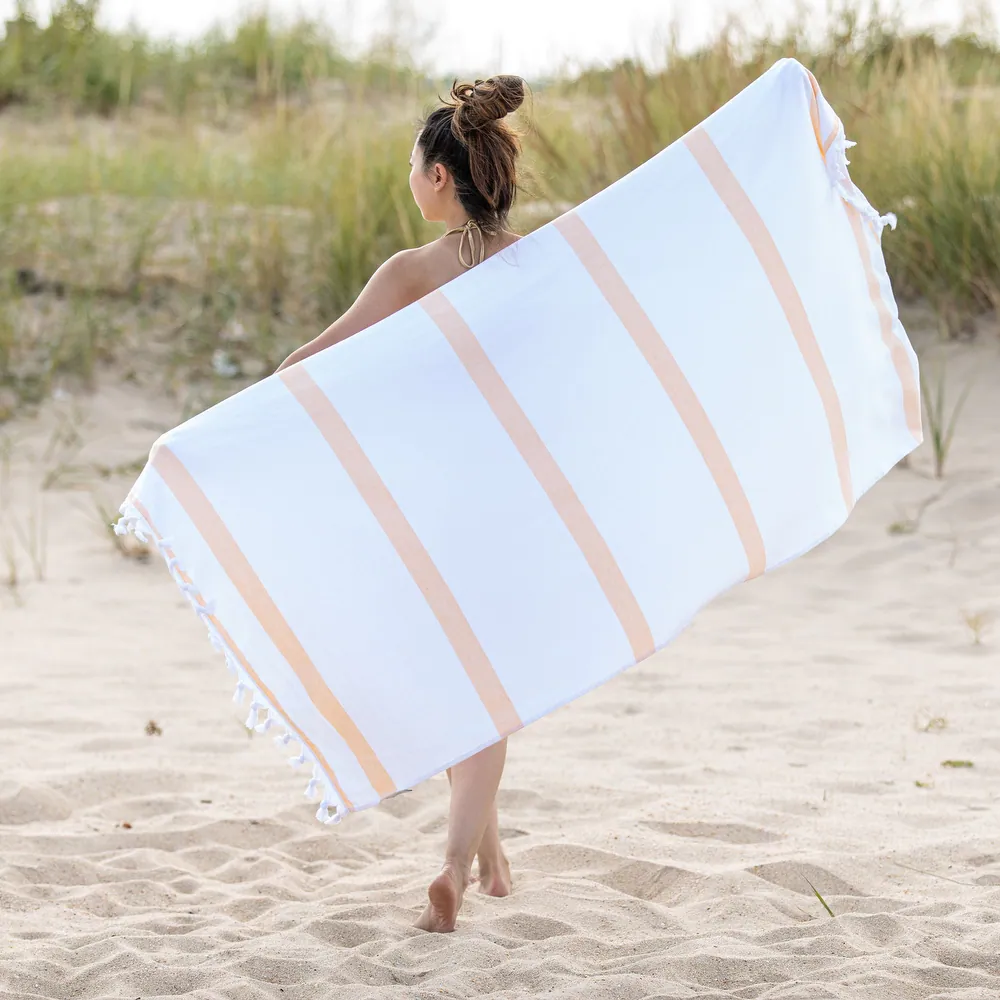 Miranda Haus Kai Stripe Fouta Beach Towel with Tassels - 35" x 68"
