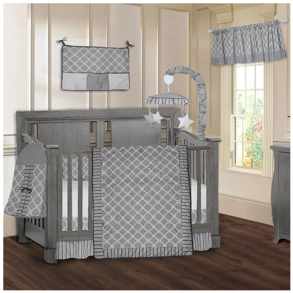 BabyFad Quatrefoil Clover Grey 9 piece Crib Bedding Set