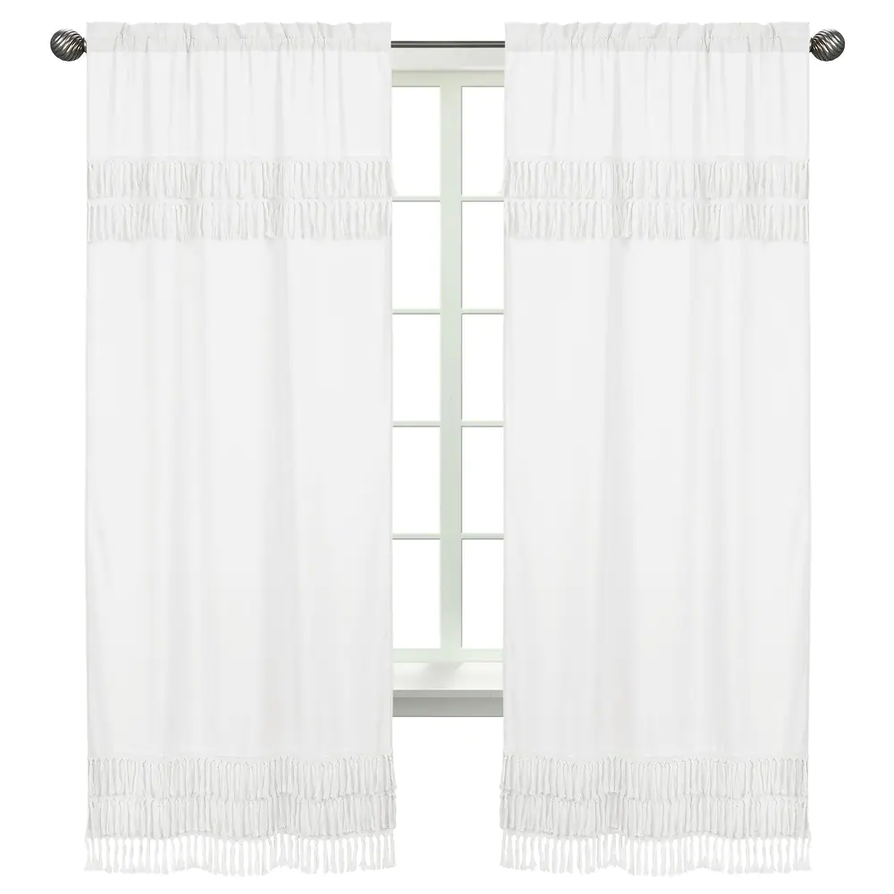 White Boho Bohemian 84in Window Treatment Curtain Panel Pair - Solid Shabby Chic Princess Luxurious Luxury Elegant Tassel Fringe