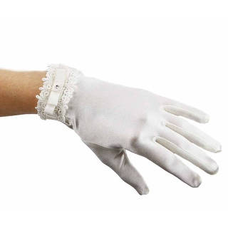 Clotted Cream Satin Stretch Gloves with Lace and Bow