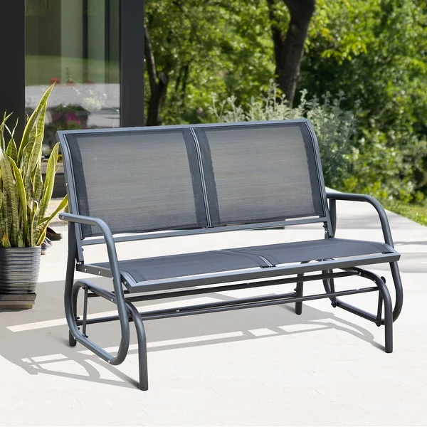 Outsunny Outdoor Black Steel Sling Fabric Double Glider Rocking Bench