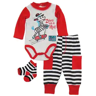 Duck Goose Baby Boys Zebra On A Roll Bodysuit Terry Pant and Socks 3Pc Gift Set (Option: Blue)