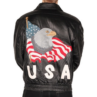 Leather World Men's USA Leather Jacket w/Eagle American Flag Embroidery
