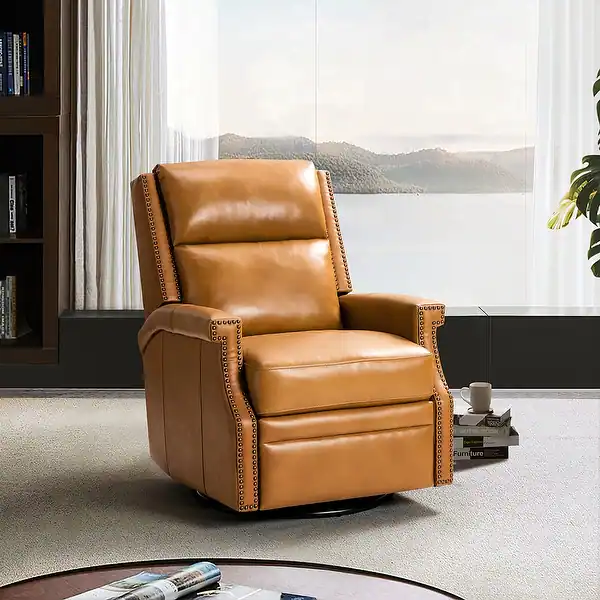 Comfortable Echidna Genuine Leather Swivel Rocker Recliner with Nailhead Trim for Living Room