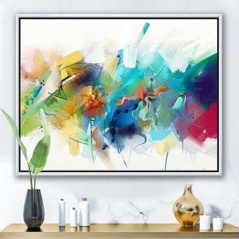 Designart 'Turquoise Story With Touches Of Yellow And Red' Modern Framed Canvas Wall Art Print
