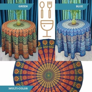 Handmade Sanganer Peacock Mandala 72" Round Cotton Tablecloth Gorgeous Blue Green