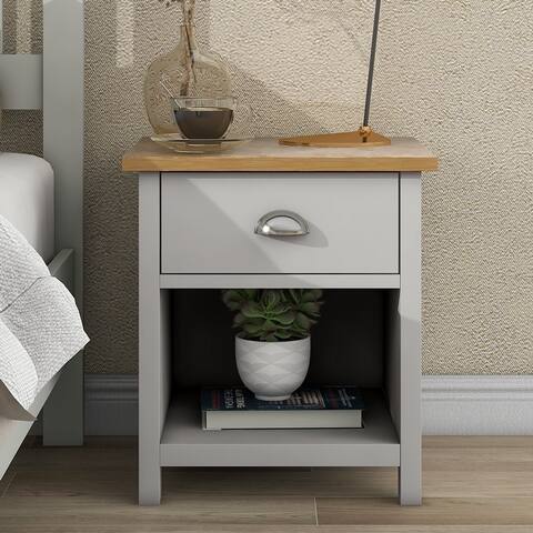 Solid Wood 1 Drawer Nightstand Bedside Table with Oak Top, Gray