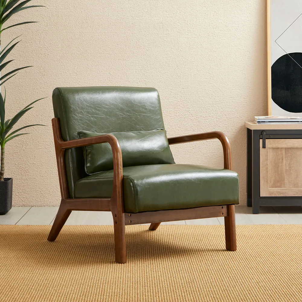 Glitzhome 30.75"H Mid-Century Modern PU Leather Accent Armchair with Rubberwood Frame - 25.75"L x 33.75"W x 30.75"H