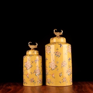 G Home Collection Luxury Handcrafted Yellow Flower Pattern Accent Porcelain Jar With Copper Lid