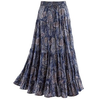 Women's Sequins & Paisley Skirt- Blue Tiered Broomstick Elastic Drawstring Waist