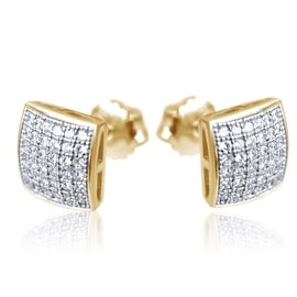 Mens Ladies 10k Yellow Gold Designer Square Micro Pave Diamond Earring