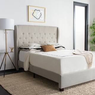 Link to SAFAVIEH Blanchett Light Grey Linen Upholstered Tufted Wingback Bed (Queen) Similar Items in Bedroom Furniture