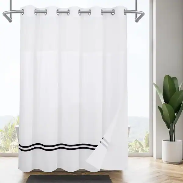 No Hook Striped Shower Curtain with Snap-in Liner