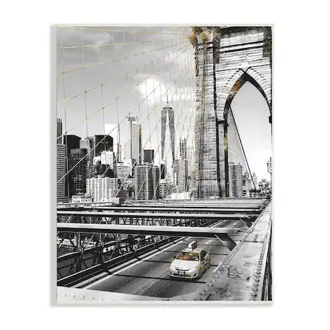 Stupell Industries Brooklyn Bridge Urban City Architecture Taxi Driving Photography Wood Wall Art - Grey