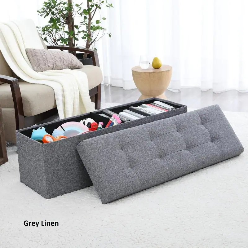 Foldable Tufted Linen Storage Ottoman Bench Foot Rest Stool/Seat