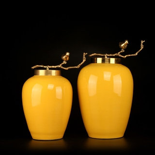 G Home Collection Luxury Yellow Solid Color Accent Porcelain Jar With Copper Branch Lid