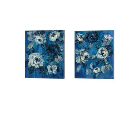 Silvia Vassileva 'Loose Flowers on Blue' Canvas Art (Set of 2)