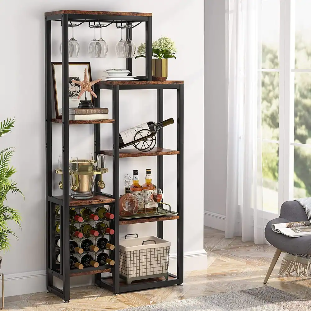 Freestanding Wine Rack with Glass Holder Wine Bar Cabinet