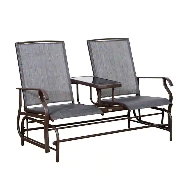 Outsunny Two Person Outdoor Mesh Fabric Patio Double Glider Chair with Center Table