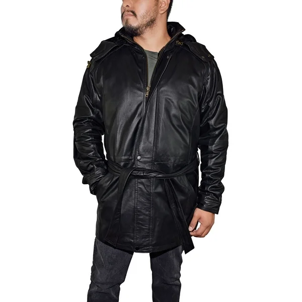 Men's 3/4 Quarter Leather Coat with Hood and Zipout Liner