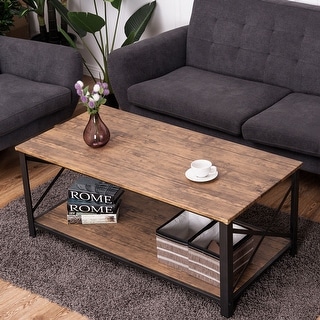 Costway Wood Coffee Table Cocktail Side Accent Table Metal Frame w/ Storage Shelf