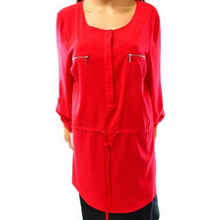 INC NEW Red Women's Size 14 Zipper Pocket Tunic Drawstring Blouse