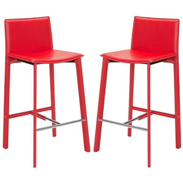 slide 2 of 9, SAFAVIEH Mid-Century 28.5-inch Madison Red Leather Bar Stool (Set of 2) - 18.7" x 19.7" x 39.4" Set of 2 - Bar height