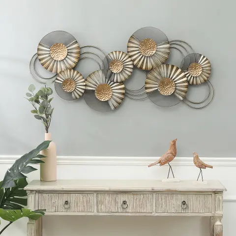 Distressed Grey and Gold Metal Modern Flower Wall Decor