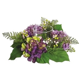 16" Decorative Artificial Purple and Green Hydrangea and Berry Hurricane Glass Candle Holder