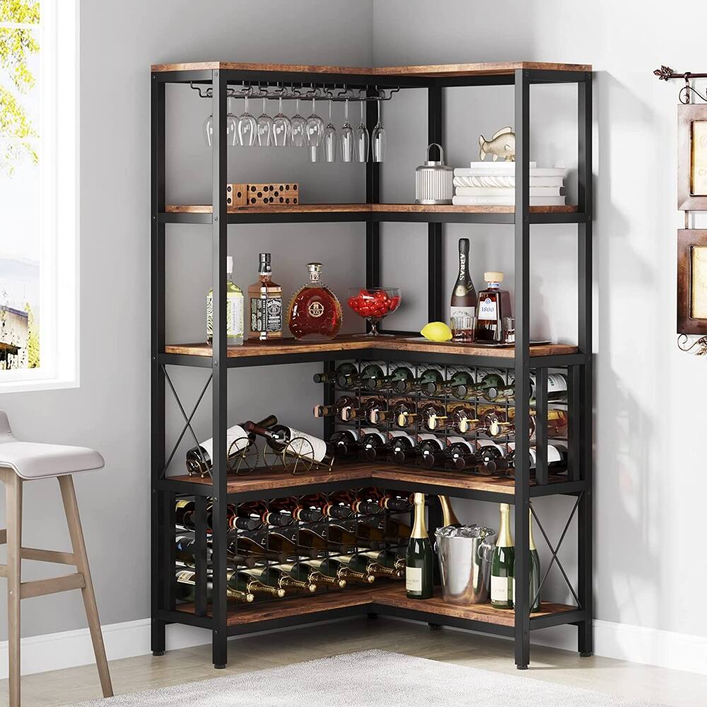 Large Corner Wine Rack, 5-Tier L Shaped Industrial Freestanding Floor Bar Cabinets for Liquor and Glasses Storage