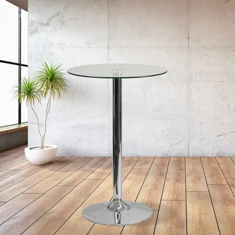 23.75" Round Glass Table with 41.75"H Chrome Base - Event and Cocktail Table