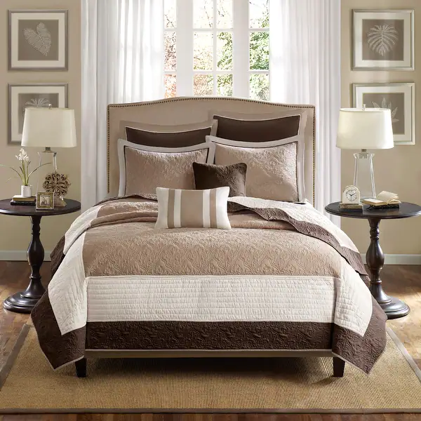 Madison Park Danville Beige 7 Piece Quilt Set with Euro Shams and Throw Pillows