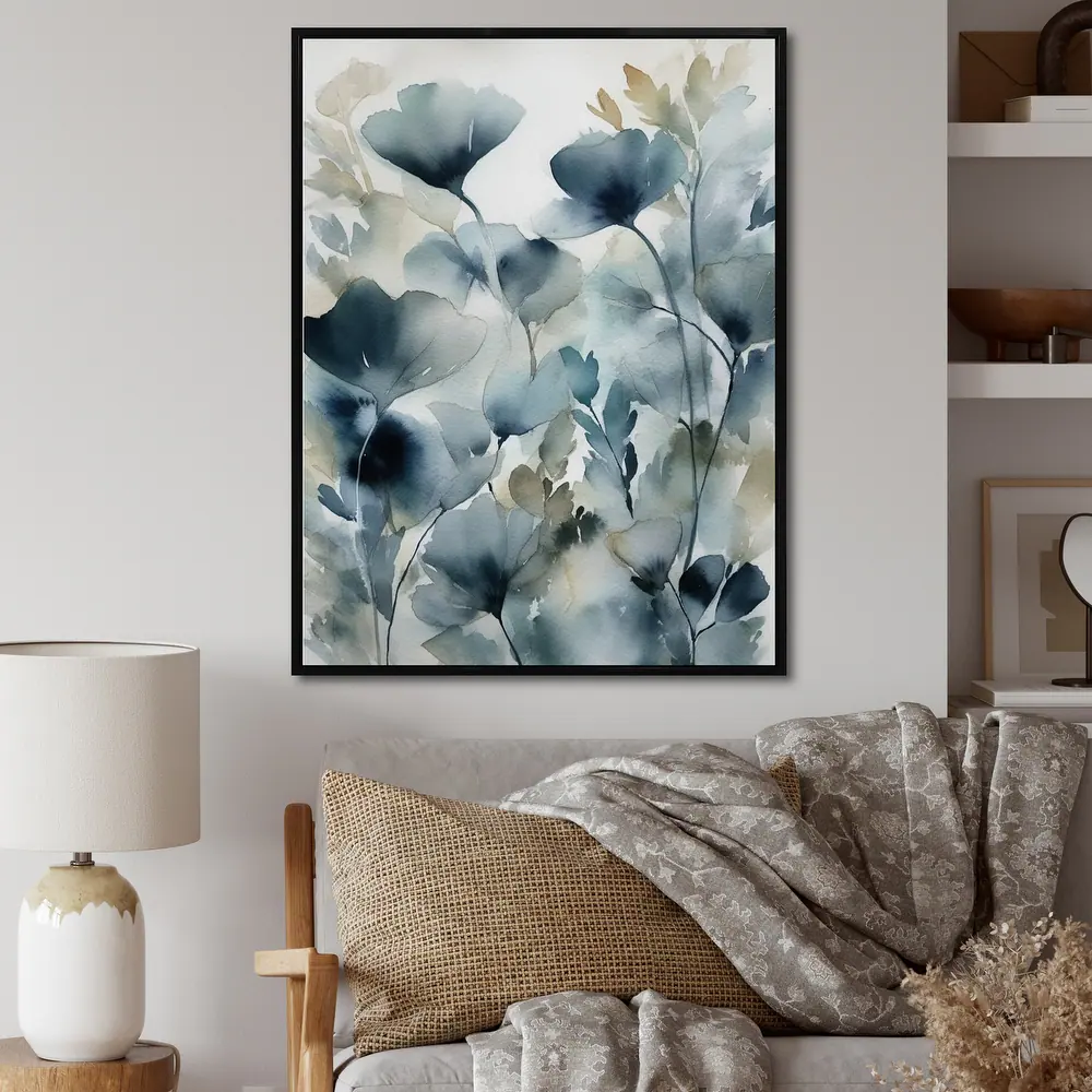 Designart "Blue Leaf Foliage And Flowers Ii" Floral Leaves Framed Canvas Print