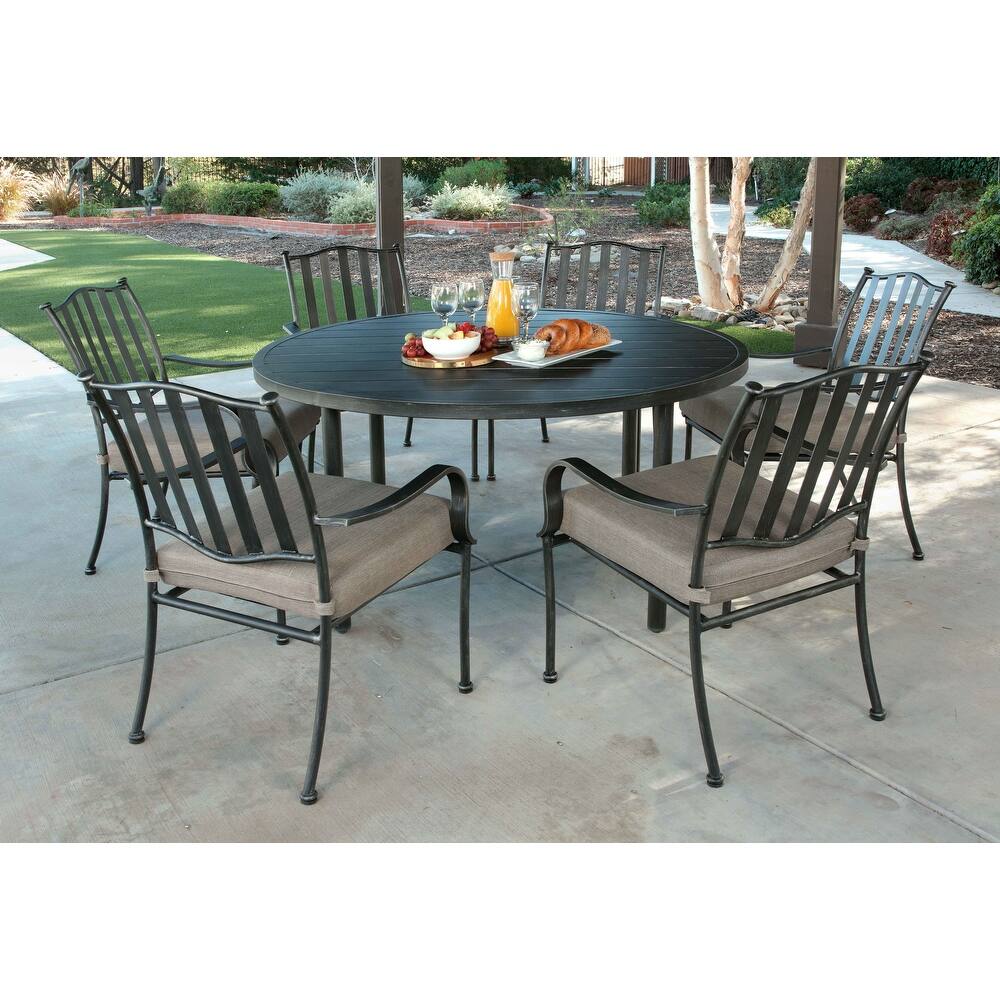 Pacific Casual Columbus Circle 7pc Modern Steel Dining Set, Brown/Beige Cushions