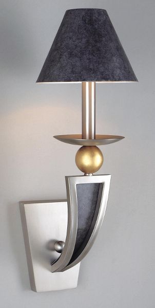 Stainless steel wall lamp features slate and gold accents