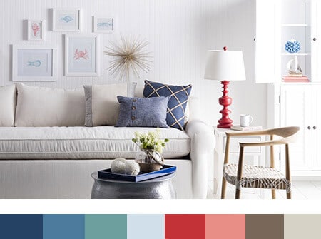 Coastal-styled living room with color palette