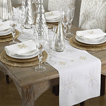 A snowflake embellished table runner on holiday-themed table