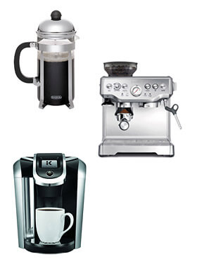 Espresso machine making coffee, and three other coffee making machines: a french press, an espresso machine, and a single cup coffee maker