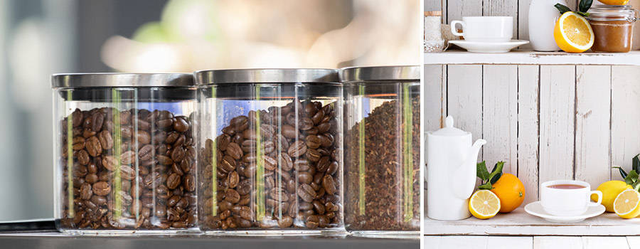 Three glass canisters filled with coffee beans